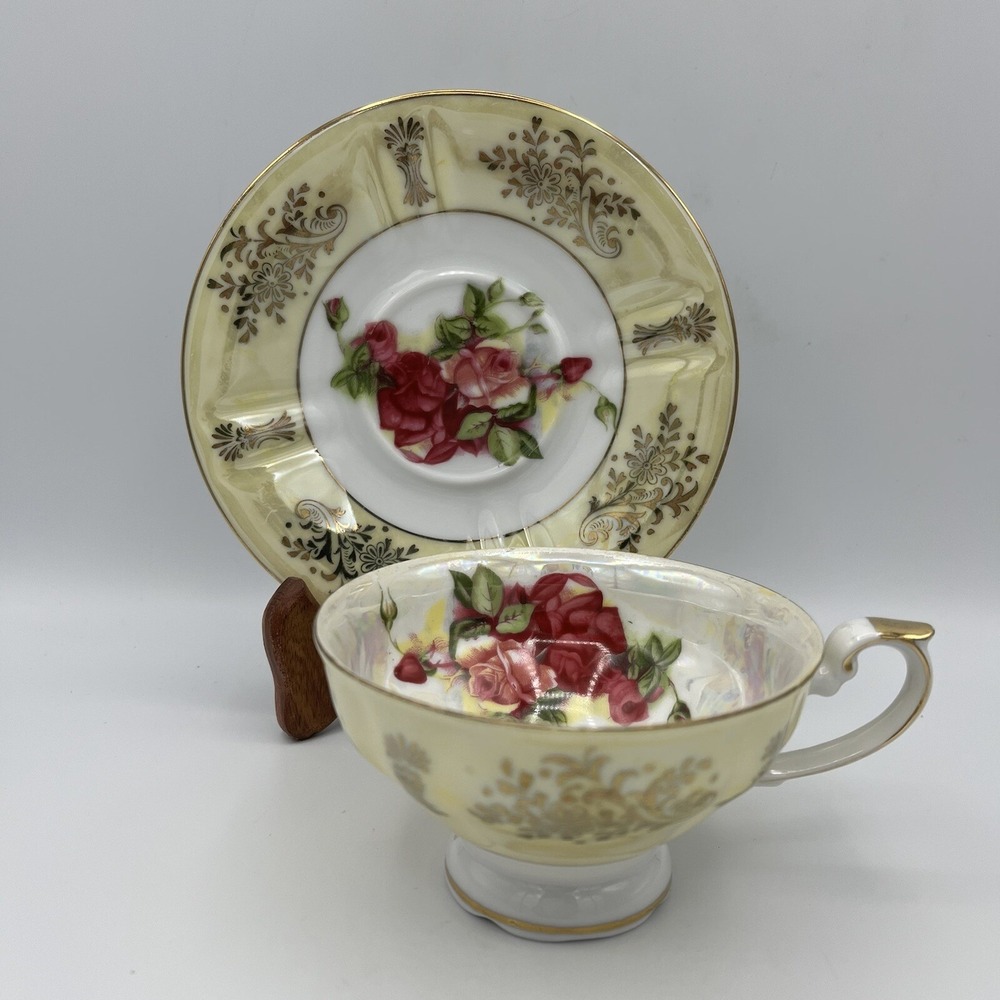 Vintage LM Royal Halsey Very Fine Cup Saucer Pink Roses Yellow Lusterware Gold‎